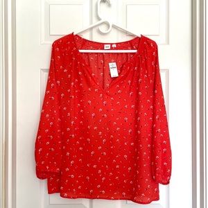 GAP Floral Print Split Neck Blouse - Orange - Small